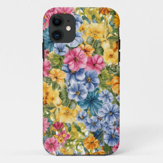Roze Blauw Groen Geel Sinaasappel Bloem Art Patroo iPhone 11 Hoesje