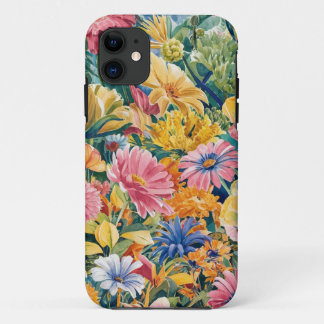 Roze Blauw Groen Geel Sinaasappel Bloem Art Patroo iPhone 11 Hoesje