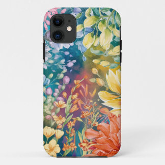 Roze Blauw Groen Geel Sinaasappel Bloem Art Patroo iPhone 11 Hoesje