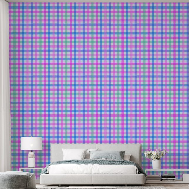 Roze Blauw Groen Gingham Behang (Slaapkamer)