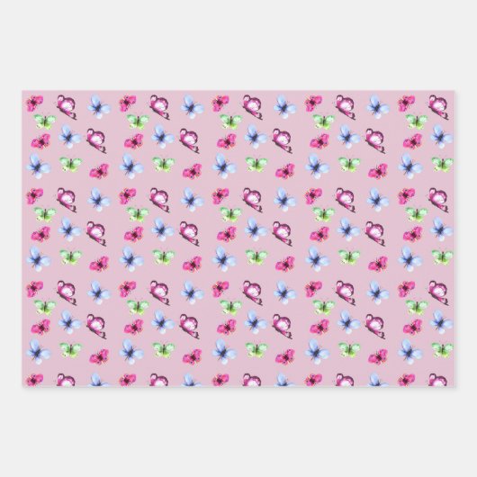 Roze Blauw Groen Vlinder Baby shower Verjaardag Inpakpapier Vel (Voorkant)