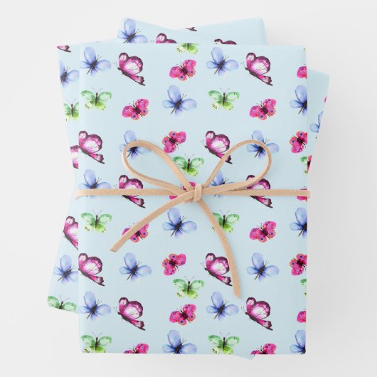 Roze Blauw Groen Vlinder Baby shower Verjaardag Inpakpapier Vel (In situ)