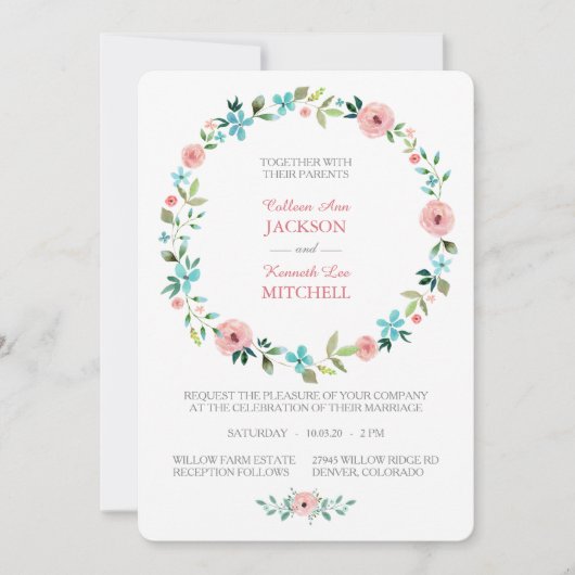 Roze Blauw Lente Bloemen Krans Bruiloft Uitnodigin Kaart (Voorkant)