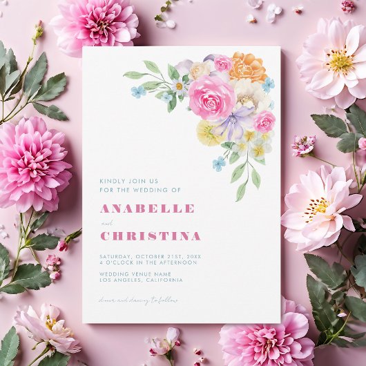 Roze Blauw Lila Waterverf Bloemen Levendige Bruilo Kaart