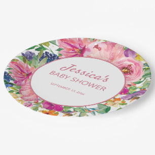 Roze Blauw Paarse Bloem Wit Goud Baby Shower Papieren Bordje
