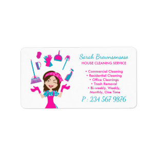 Roze Blauw Paarse Cartoon Huis Schoonmaakdienst Etiket