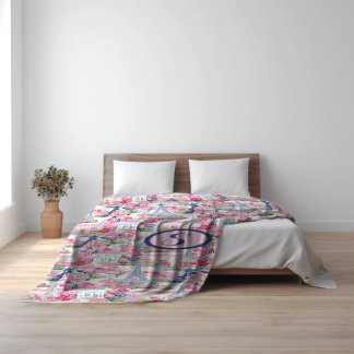 Roze & Blauw Parijs Patroon Monogram Fleece Deken