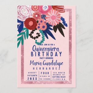 Roze Blauw Rood Glitter Floral Acryl Quinceañera Kaart