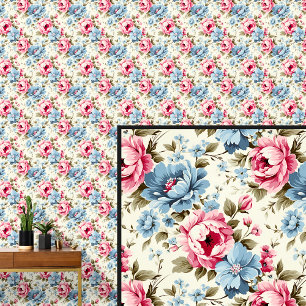 Roze Blauw  Roos Bloemen Shabby Chic Behang