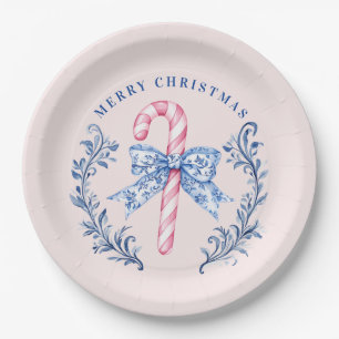 Roze & Blauw Toile Crest Candy Cane Papieren Bordje