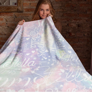 Roze Blauw Waterverf Harten Sterren Muziek op maat Fleece Deken