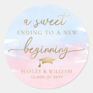 Roze Blauw Waterverf Sweet Beginning Afstuderen Ronde Sticker