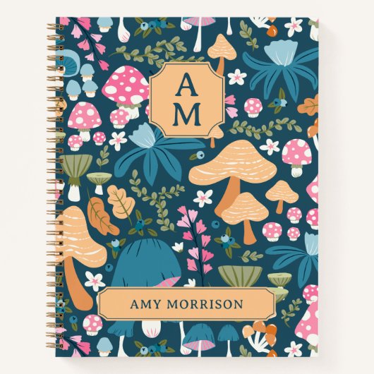 Roze Blauw Whimsical Mushroom Patroon Monogram Notitieboek (Voorkant)