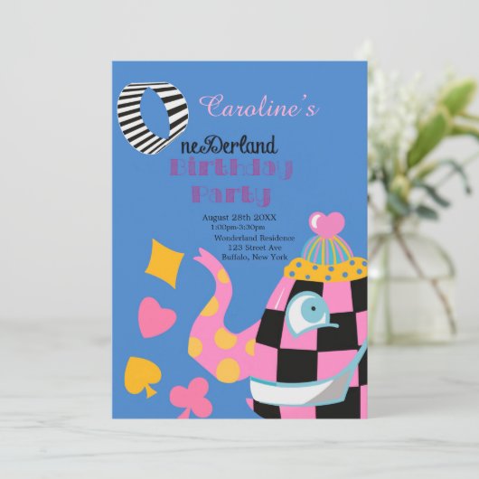 Roze blauwe Alice in Wonderland 1st. Birthday Part (Staand voorkant)