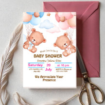 Roze Blauwe Aquarel Babyshower Uitnodiging