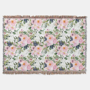 Roze Blauwe Aquarel Bloem Groene Bladeren Deken