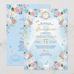 Roze & Blauwe Assepoester Prinses Jurk Quinceanera Kaart