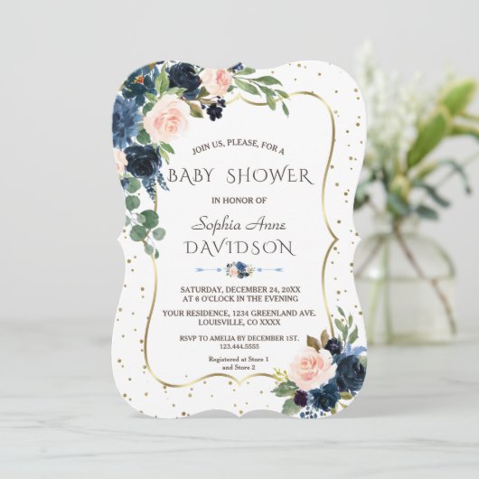 Roze Blauwe Bloemen Goud Glitters Confetti Baby Sh Kaart (Staand voorkant)