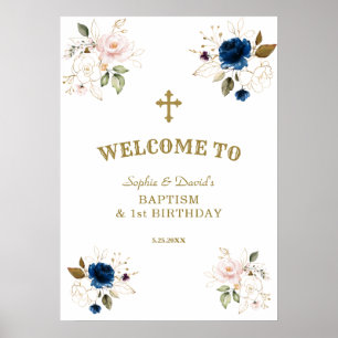 Roze blauwe bloemen Twins 1st Birthday Welcome Sig Poster