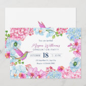 Roze blauwe bloementak met afstuderen van vogels kaart (Voorkant / Achterkant)