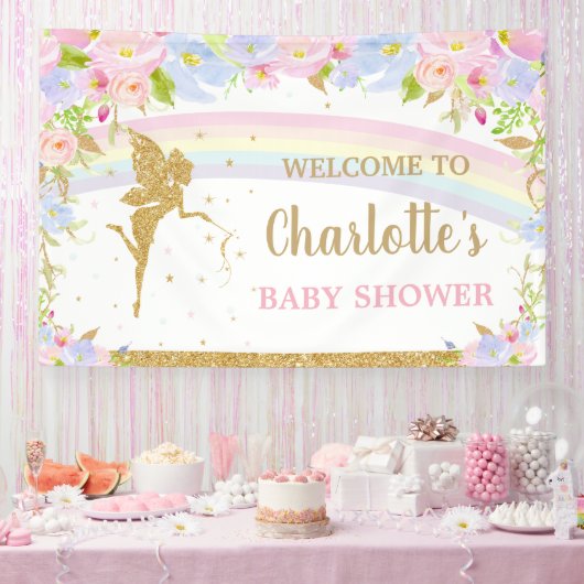 Roze Blauwe Bloemige Baby Shower Achtergrond Spandoek (Feest)