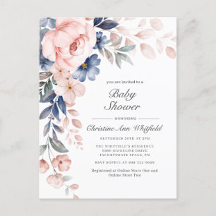 Roze Blauwe Bloemige Baby Shower Uitnodiging