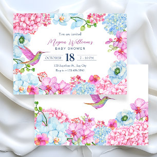 Roze blauwe bloemige tak met baby shower vogel kaart
