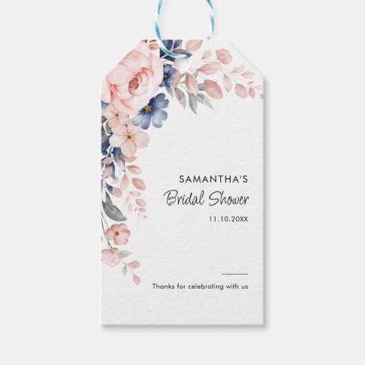 Roze Blauwe Bloemrijke Script Bruidsdouche Cadeaulabel (Voorkant)
