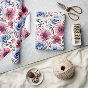 Roze Blauwe Botanische Bloei Inpakpapier