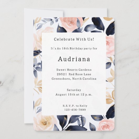 Roze Blauwe Chic Bloemen Verjaardag Kaart (Voorkant)