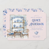 Roze & Blauwe Chinoiserie Bamboo Tea Uitnodiging (Voorkant / Achterkant)