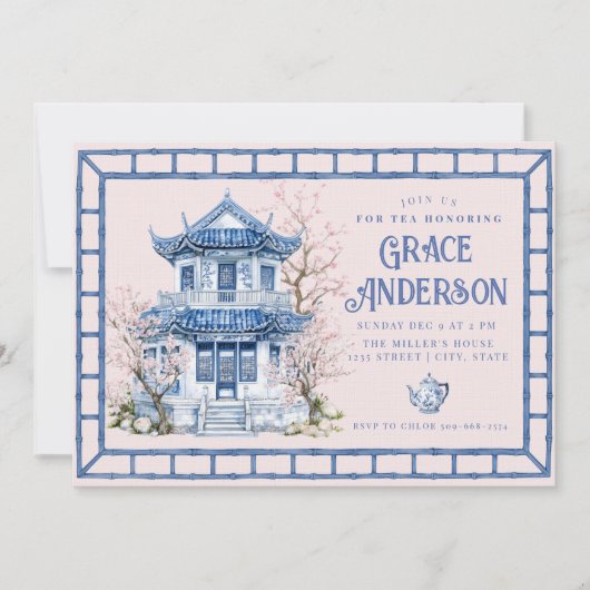 Roze & Blauwe Chinoiserie Bamboo Tea Uitnodiging (Voorkant)