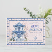 Roze & Blauwe Chinoiserie Bamboo Tea Uitnodiging (Staand voorkant)