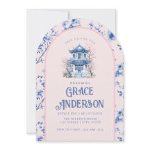 Roze & Blauwe Chinoiserie Pagoda Tea Uitnodiging