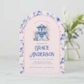 Roze & Blauwe Chinoiserie Pagoda Tea Uitnodiging (Staand voorkant)