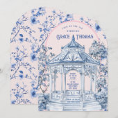 Roze & Blauwe Chinoiserie Pagoda Tea Uitnodiging (Voorkant / Achterkant)