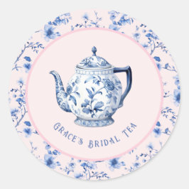 Roze & Blauwe Chinoiserie Theepot | bruidsthee Ronde Sticker