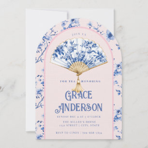 Roze & Blauwe Chinoiserie Waier Bruilofts Thee Kaart