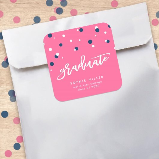 Roze blauwe Confetti Afstuderen Afstuderen Vierkante Sticker