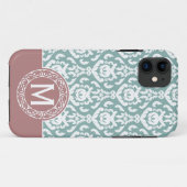 Roze Blauwe Damast Monogram Case-Mate iPhone Case (Achterkant (horizontaal))