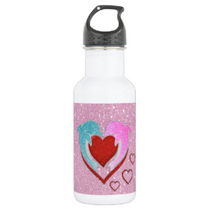 Roze blauwe dolfijnen met rood hart waterfles