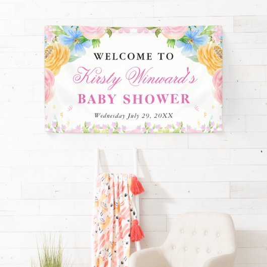 Roze, Blauwe en Gele Zomerbloemen Baby shower Spandoek (Insitu)