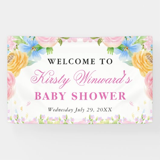 Roze, Blauwe en Gele Zomerbloemen Baby shower Spandoek (Horizontaal)