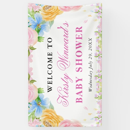 Roze, Blauwe en Gele Zomerbloemen Baby shower Spandoek (Verticaal)