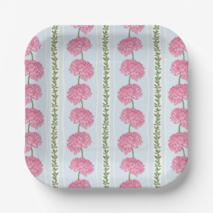 Roze, blauwe en groene bloemenstrepen papieren bordje