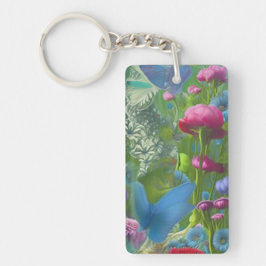 Roze, blauwe en witte floraal sleutelhanger (Voorkant)
