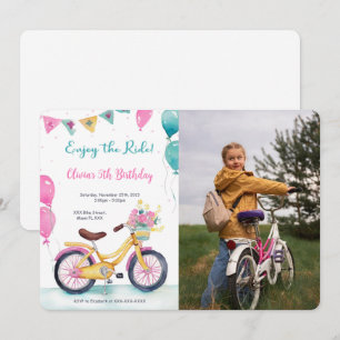 Roze & Blauwe Fiets Verjaardagsfeestfoto Kaart