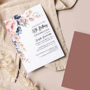 Roze Blauwe Floral 80e verjaardag Uitnodiging