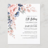 Roze Blauwe Floral 80e verjaardag Uitnodiging (Voorkant)