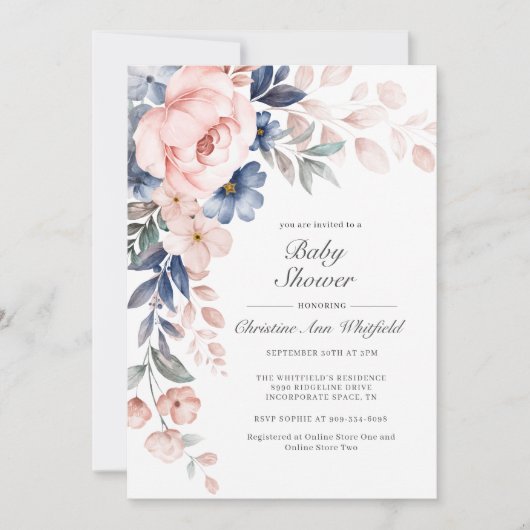 Roze Blauwe Floral Baby shower Kaart (Voorkant)